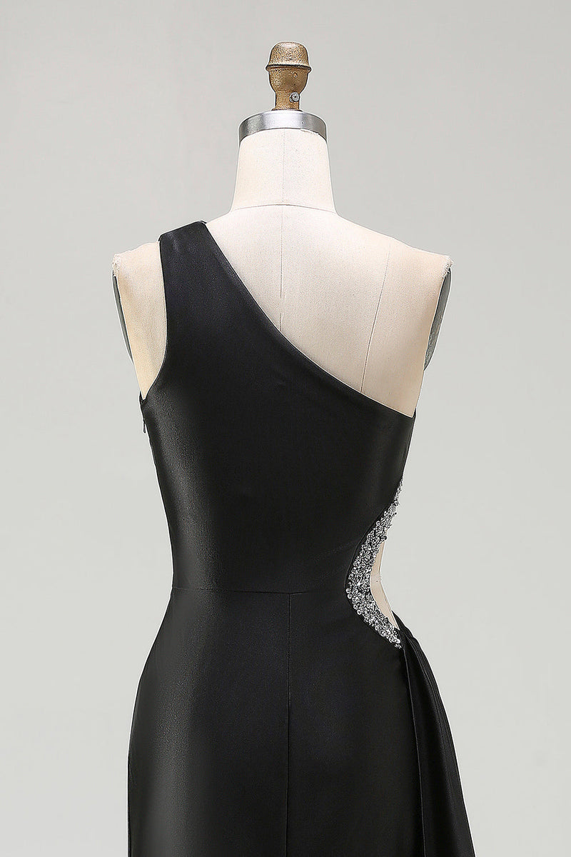 Laden Sie das Bild in den Galerie-Viewer, Schwarzes Langes Ballkleid mit einer Schulter und Schlitz