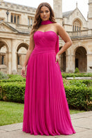 Laden Sie das Bild in den Galerie-Viewer, Fuchsia Herzausschnitt A-Linie Plissiertes Langes ABallkleid mit Schärpe