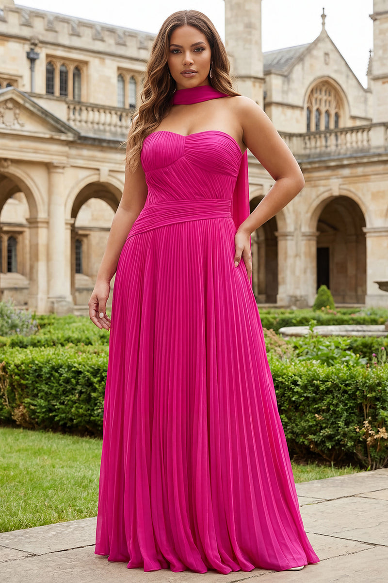 Laden Sie das Bild in den Galerie-Viewer, Fuchsia Herzausschnitt A-Linie Plissiertes Langes ABallkleid mit Schärpe