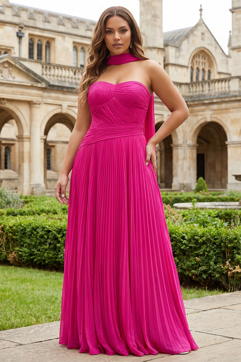 Laden Sie das Bild in den Galerie-Viewer, Fuchsia Plissiertes A-Linie Herzausschnitt Langes Plus-Size Ballkleid mit Schärpe