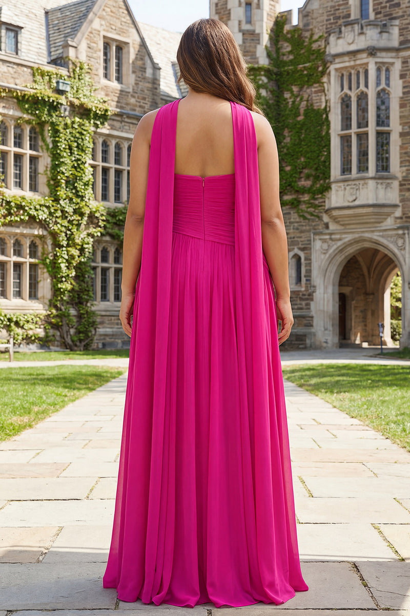 Laden Sie das Bild in den Galerie-Viewer, Fuchsia Herzausschnitt A-Linie Plissiertes Langes ABallkleid mit Schärpe