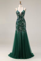 Laden Sie das Bild in den Galerie-Viewer, Glitzerndes Dunkelgrünes Pailletten Langes Abendkleid mit offenem Rücken