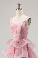 Laden Sie das Bild in den Galerie-Viewer, Altrosa Blumen A-Linie Korsett Gestuftes Rüschen Langes Ballkleid mit Schlitz