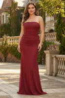 Laden Sie das Bild in den Galerie-Viewer, Trägerloses Rotes Meerjungfrauen Satin Langes Ballkleid