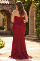 Laden Sie das Bild in den Galerie-Viewer, Trägerloses Rotes Meerjungfrauen Satin Langes Ballkleid