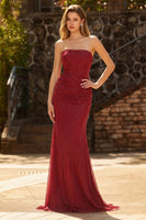 Laden Sie das Bild in den Galerie-Viewer, Trägerloses Rotes Meerjungfrauen Satin Langes Ballkleid