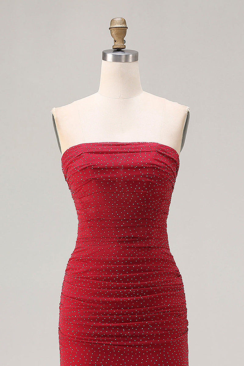 Laden Sie das Bild in den Galerie-Viewer, Trägerloses Rotes Meerjungfrauen Satin Langes Ballkleid