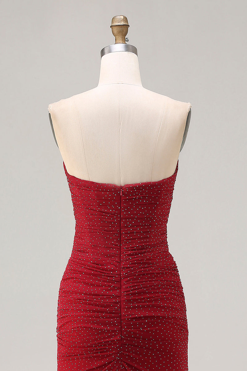 Laden Sie das Bild in den Galerie-Viewer, Trägerloses Rotes Meerjungfrauen Satin Langes Ballkleid