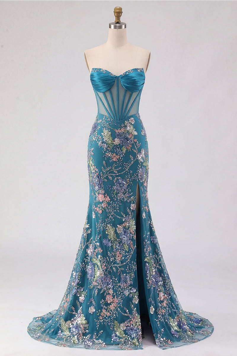 Laden Sie das Bild in den Galerie-Viewer, Rosa Trägerloses Meerjungfrauen Korsett Pailletten Langes Ballkleid mit Schlitz