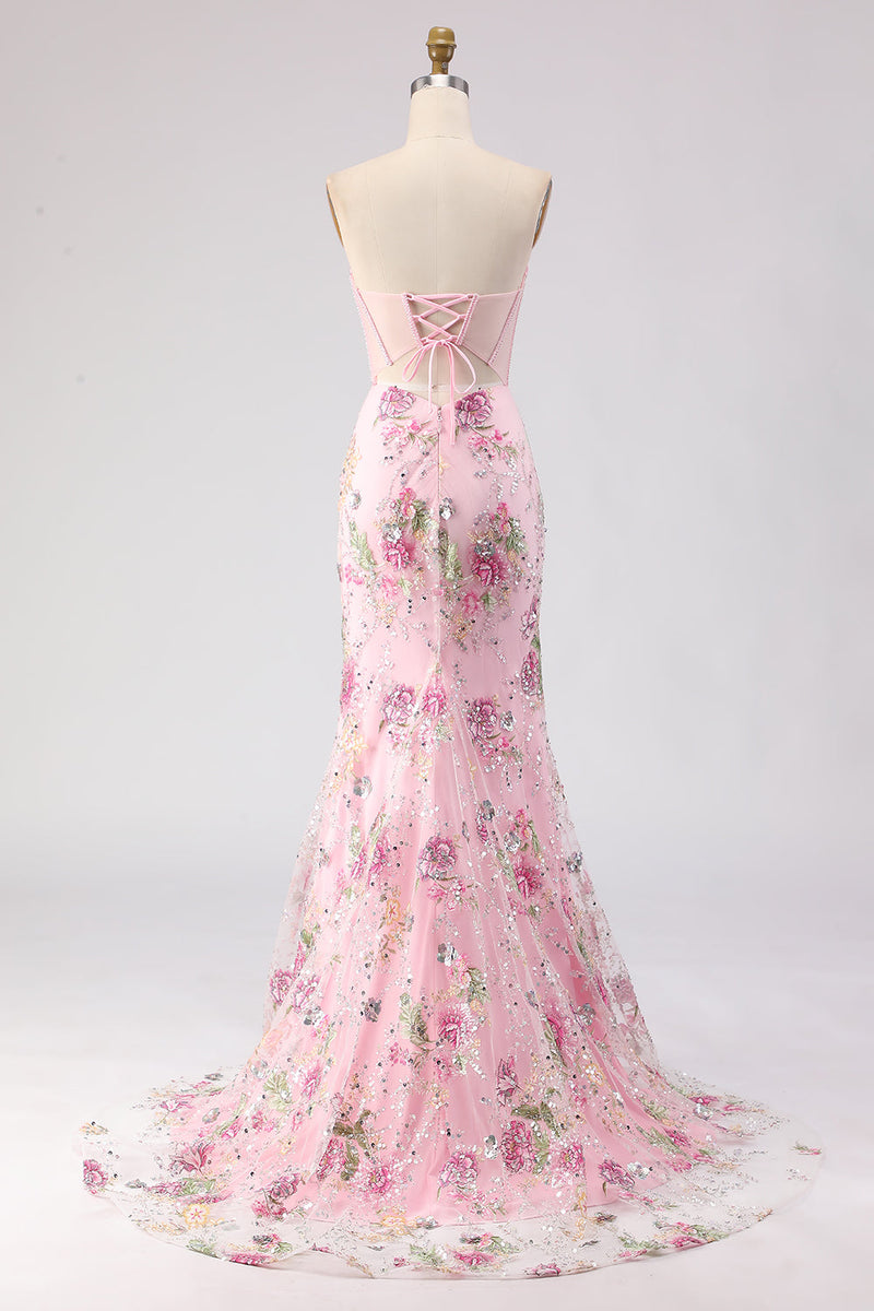 Laden Sie das Bild in den Galerie-Viewer, Rosa Trägerloses Meerjungfrauen Korsett Pailletten Langes Ballkleid mit Schlitz