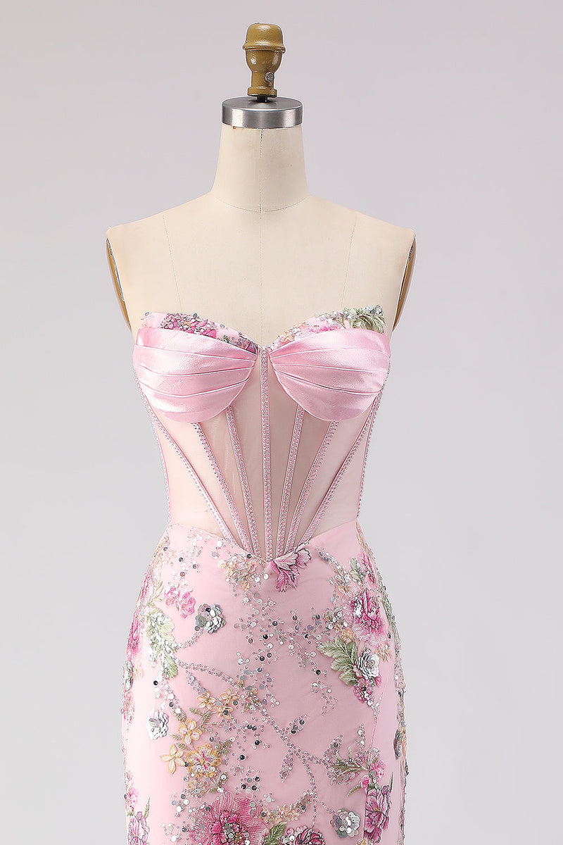 Laden Sie das Bild in den Galerie-Viewer, Rosa Trägerloses Meerjungfrauen Korsett Pailletten Langes Ballkleid mit Schlitz