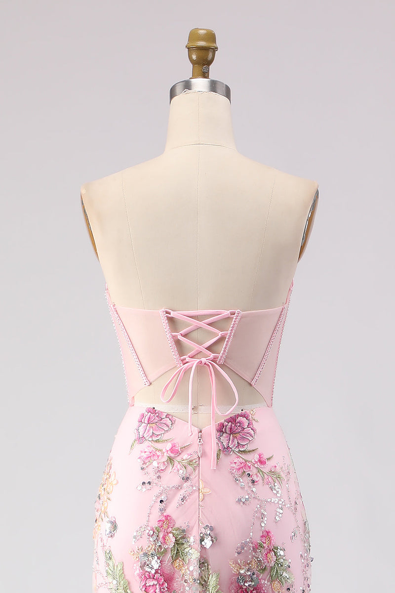 Laden Sie das Bild in den Galerie-Viewer, Rosa Trägerloses Meerjungfrauen Korsett Pailletten Langes Ballkleid mit Schlitz