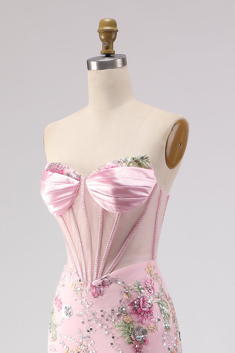 Laden Sie das Bild in den Galerie-Viewer, Rosa Trägerloses Meerjungfrauen Korsett Pailletten Langes Ballkleid mit Schlitz