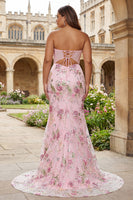 Laden Sie das Bild in den Galerie-Viewer, Rosa Trägerloses Meerjungfrauen Korsett Pailletten Langes Ballkleid mit Schlitz