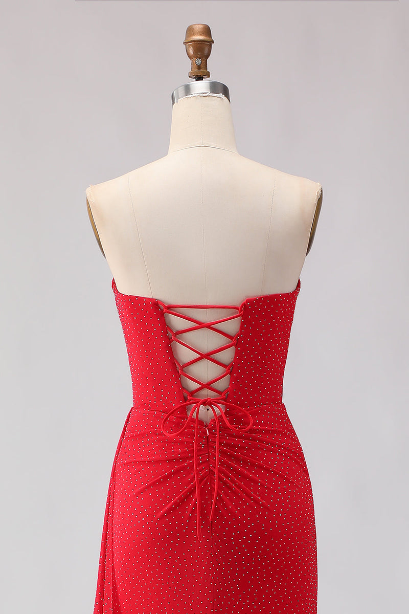 Laden Sie das Bild in den Galerie-Viewer, Rotes Meerjungfrauen Trägerloses Satin Langes Ballkleid mit Schlitz