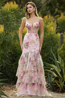 Laden Sie das Bild in den Galerie-Viewer, Blaues Blumen Rüschen Meerjungfrauen Pailletten Langes Ballkleid mit Schlitz