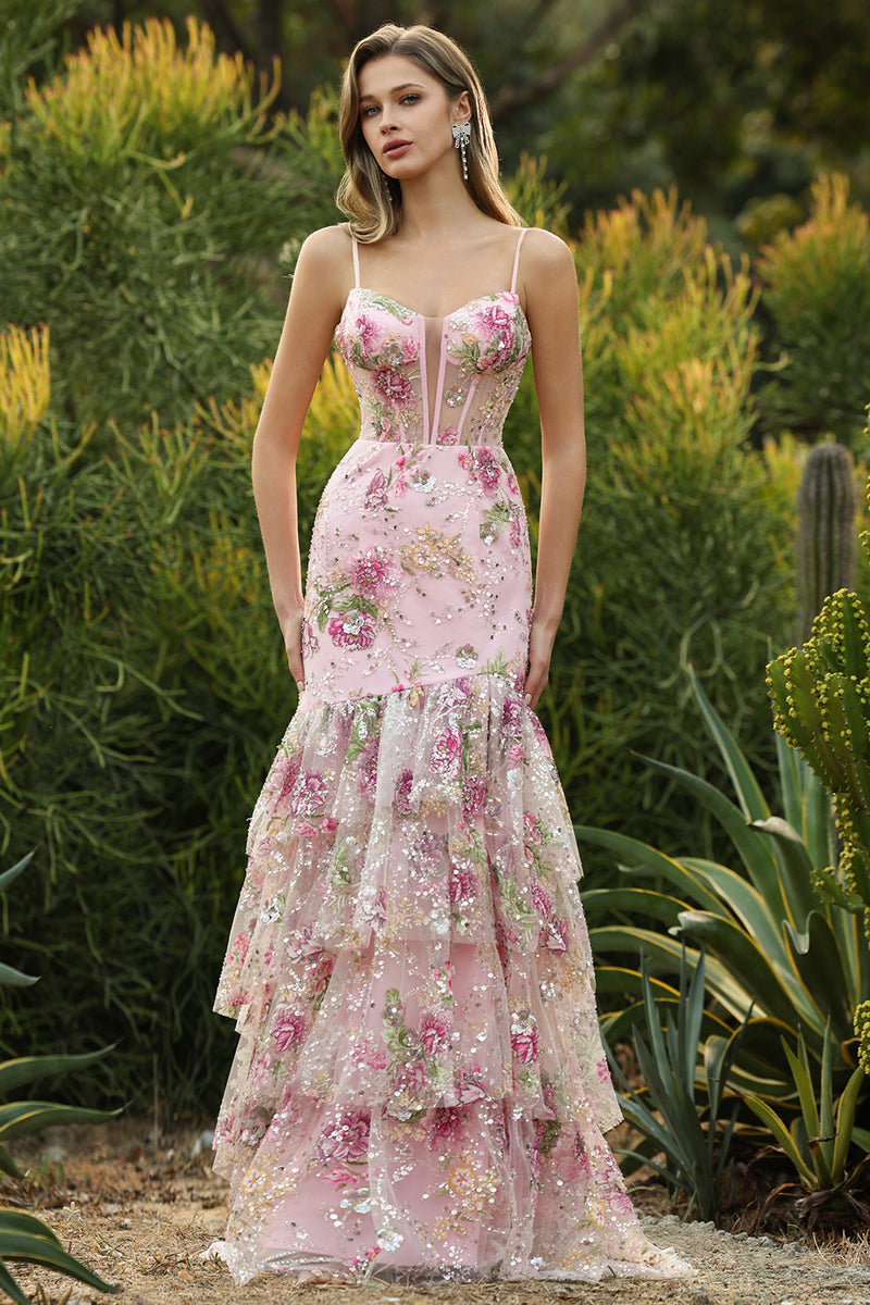 Laden Sie das Bild in den Galerie-Viewer, Blaues Blumen Rüschen Meerjungfrauen Pailletten Langes Ballkleid mit Schlitz