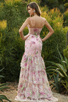Laden Sie das Bild in den Galerie-Viewer, Blaues Blumen Rüschen Meerjungfrauen Pailletten Langes Ballkleid mit Schlitz