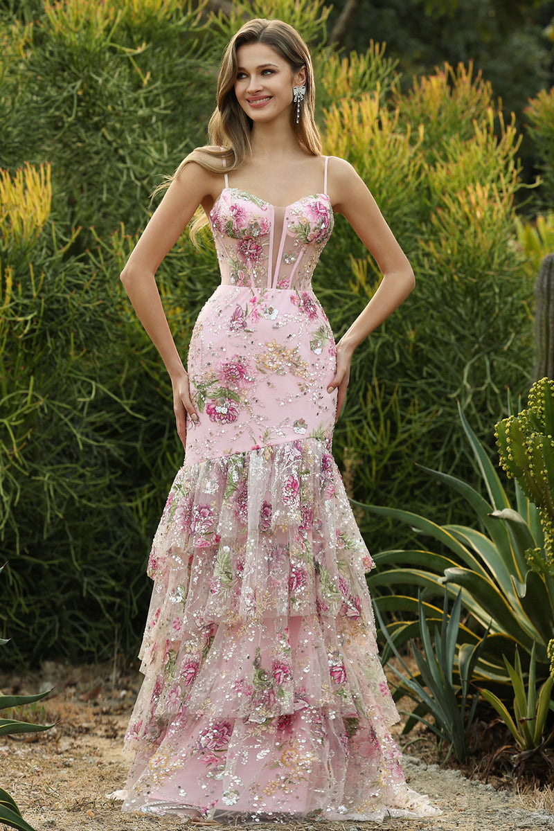 Laden Sie das Bild in den Galerie-Viewer, Blaues Blumen Rüschen Meerjungfrauen Pailletten Langes Ballkleid mit Schlitz