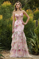 Laden Sie das Bild in den Galerie-Viewer, Rosa Meerjungfrauen Rüschen Pailletten Langes Blumen Ballkleid mit Schlitz