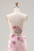 Laden Sie das Bild in den Galerie-Viewer, Rosa Meerjungfrauen Pailletten Blumen Rüschen Langes Ballkleid mit Schlitz