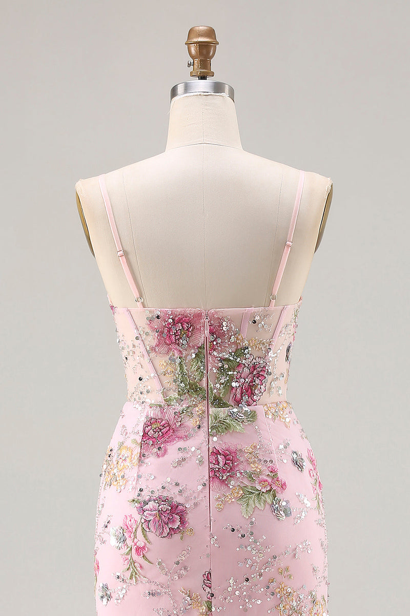 Laden Sie das Bild in den Galerie-Viewer, Rosa Meerjungfrauen Pailletten Blumen Rüschen Langes Ballkleid mit Schlitz