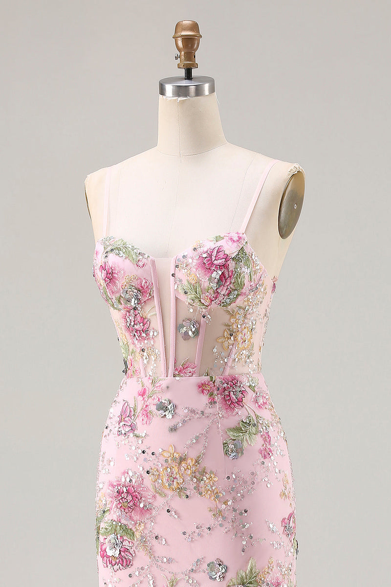 Laden Sie das Bild in den Galerie-Viewer, Rosa Meerjungfrauen Pailletten Blumen Rüschen Langes Ballkleid mit Schlitz