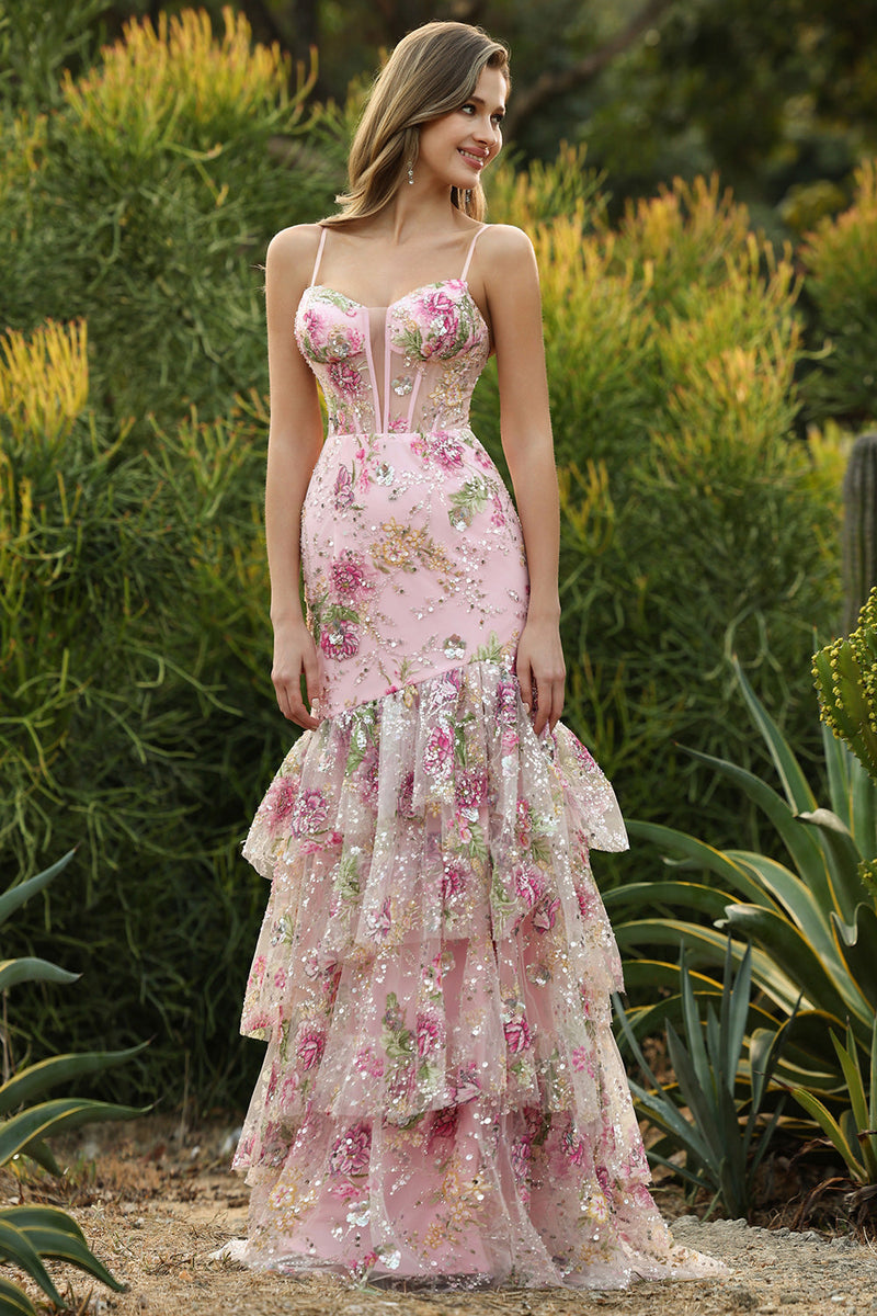 Laden Sie das Bild in den Galerie-Viewer, Blaues Blumen Rüschen Meerjungfrauen Pailletten Langes Ballkleid mit Schlitz