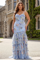 Laden Sie das Bild in den Galerie-Viewer, Rosa Meerjungfrauen Pailletten Blumen Rüschen Langes Ballkleid mit Schlitz
