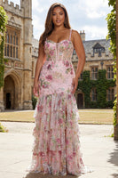 Laden Sie das Bild in den Galerie-Viewer, Rosa Meerjungfrauen Pailletten Blumen Rüschen Langes Ballkleid mit Schlitz