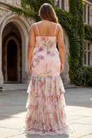 Laden Sie das Bild in den Galerie-Viewer, Rosa Meerjungfrauen Pailletten Blumen Rüschen Langes Ballkleid mit Schlitz