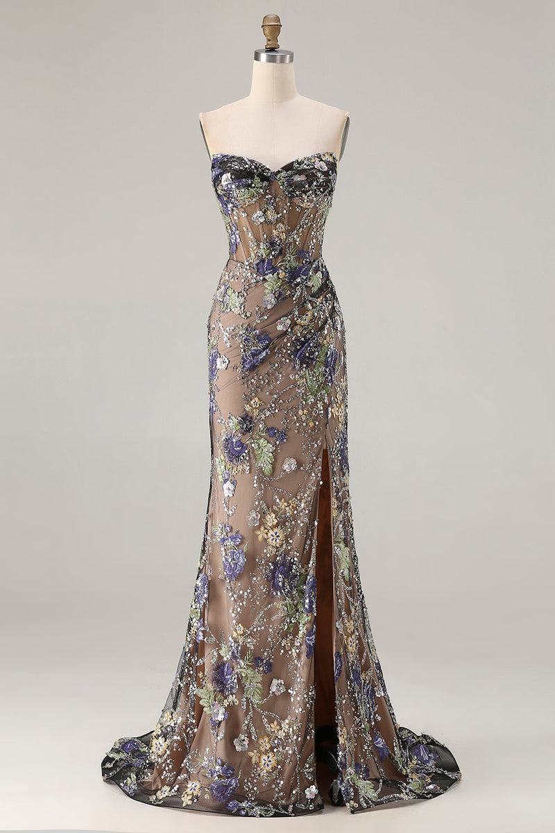 Laden Sie das Bild in den Galerie-Viewer, Glitzerndes Meerjungfrauen Trägerloses Korsett Pailletten Rosa Langes Ballkleid mit Schlitz