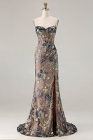 Laden Sie das Bild in den Galerie-Viewer, Schwarzes Meerjungfrauen rägerloses Korsett Pailletten Langes Ballkleid mit Schlitz