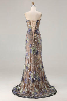 Schwarzes Meerjungfrauen rägerloses Korsett Pailletten Langes Ballkleid mit Schlitz