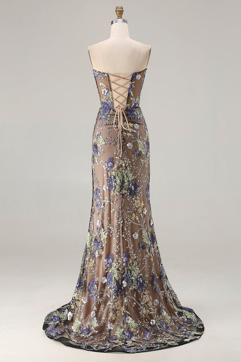 Laden Sie das Bild in den Galerie-Viewer, Schwarzes Meerjungfrauen rägerloses Korsett Pailletten Langes Ballkleid mit Schlitz