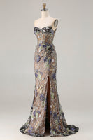 Laden Sie das Bild in den Galerie-Viewer, Glitzerndes Meerjungfrauen Trägerloses Korsett Pailletten Rosa Langes Ballkleid mit Schlitz