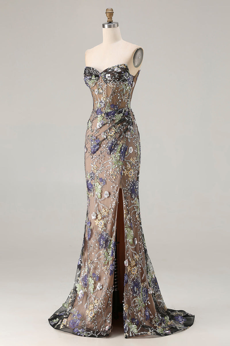 Laden Sie das Bild in den Galerie-Viewer, Glitzerndes Meerjungfrauen Trägerloses Korsett Pailletten Rosa Langes Ballkleid mit Schlitz