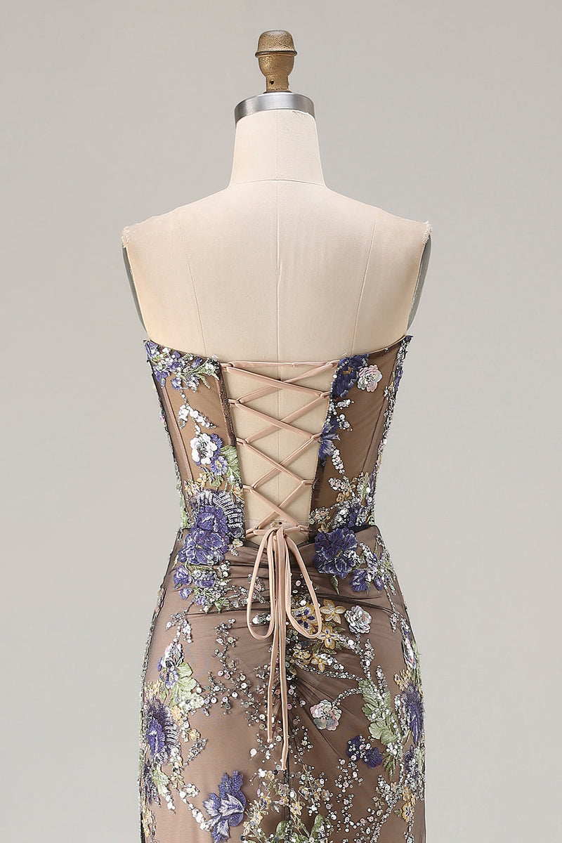 Laden Sie das Bild in den Galerie-Viewer, Schwarzes Meerjungfrauen rägerloses Korsett Pailletten Langes Ballkleid mit Schlitz