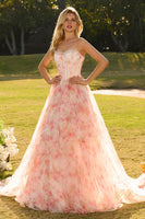 Laden Sie das Bild in den Galerie-Viewer, Rosa Perlenbesetztes Trägerloses Korsett Blumenmuster Langes Abschlussballkleid mit Rüschen