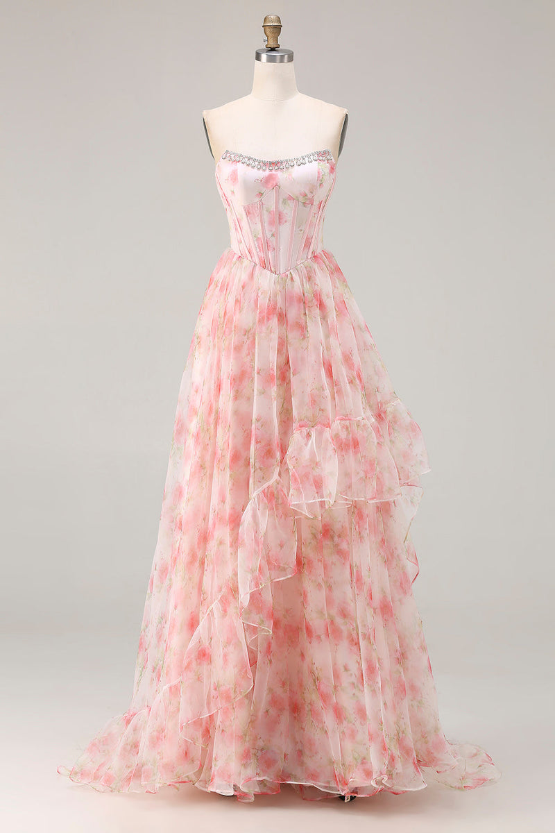 Laden Sie das Bild in den Galerie-Viewer, Rosa Perlenbesetztes Trägerloses Korsett Blumenmuster Langes Abschlussballkleid mit Rüschen