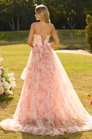 Laden Sie das Bild in den Galerie-Viewer, Rosa Perlenbesetztes Trägerloses Korsett Blumenmuster Langes Abschlussballkleid mit Rüschen