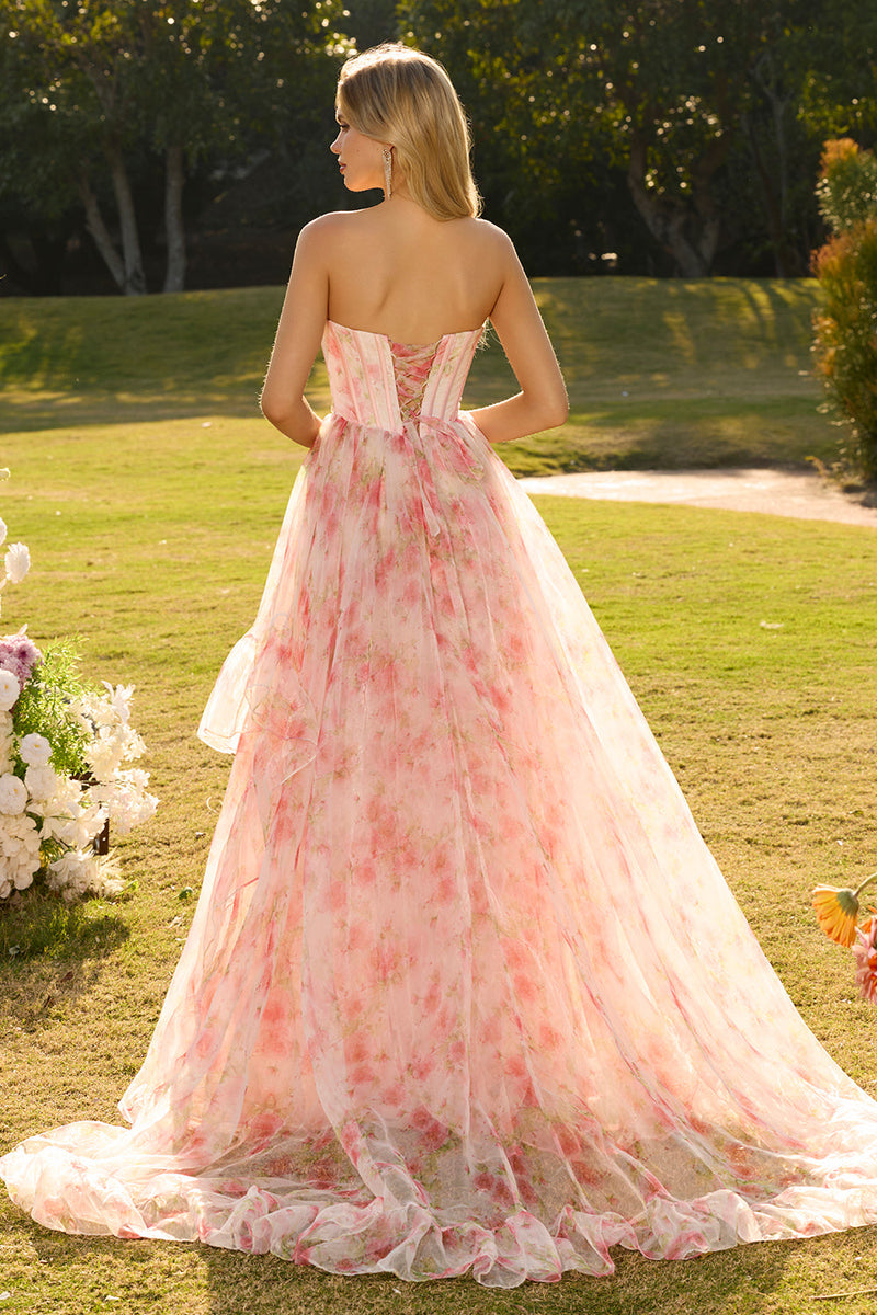 Laden Sie das Bild in den Galerie-Viewer, Rosa Perlenbesetztes Trägerloses Korsett Blumenmuster Langes Abschlussballkleid mit Rüschen