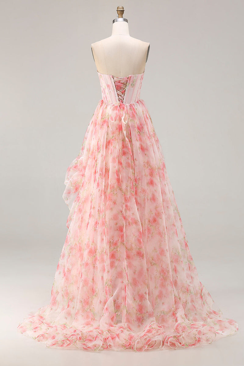 Laden Sie das Bild in den Galerie-Viewer, Rosa Perlenbesetztes Trägerloses Korsett Blumenmuster Langes Abschlussballkleid mit Rüschen
