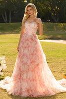 Laden Sie das Bild in den Galerie-Viewer, Rosa Perlenbesetztes Trägerloses Korsett Blumenmuster Langes Abschlussballkleid mit Rüschen