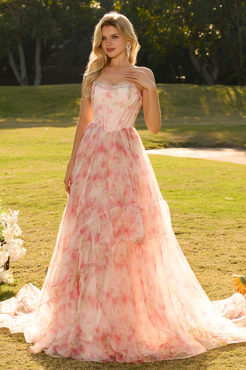 Laden Sie das Bild in den Galerie-Viewer, Rosa Perlenbesetztes Trägerloses Korsett Blumenmuster Langes Abschlussballkleid mit Rüschen