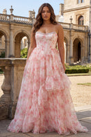 Laden Sie das Bild in den Galerie-Viewer, Rosa Blumen A-Linie Trägerloses Korsett Bedrucktes Langes Ballkleid mit Rüschen
