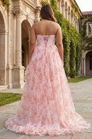 Laden Sie das Bild in den Galerie-Viewer, Rosa Blumen A-Linie Trägerloses Korsett Bedrucktes Langes Ballkleid mit Rüschen