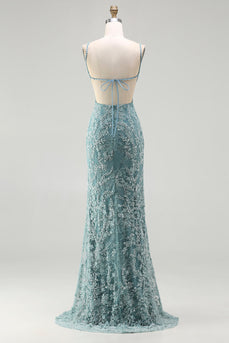 Graugrünes Meerjungfrauen Perlen Rückenfreies Applikationen Langes Ballkleid mit Schlitz