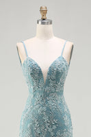 Laden Sie das Bild in den Galerie-Viewer, Graugrünes Meerjungfrauen Perlen Rückenfreies Applikationen Langes Ballkleid mit Schlitz
