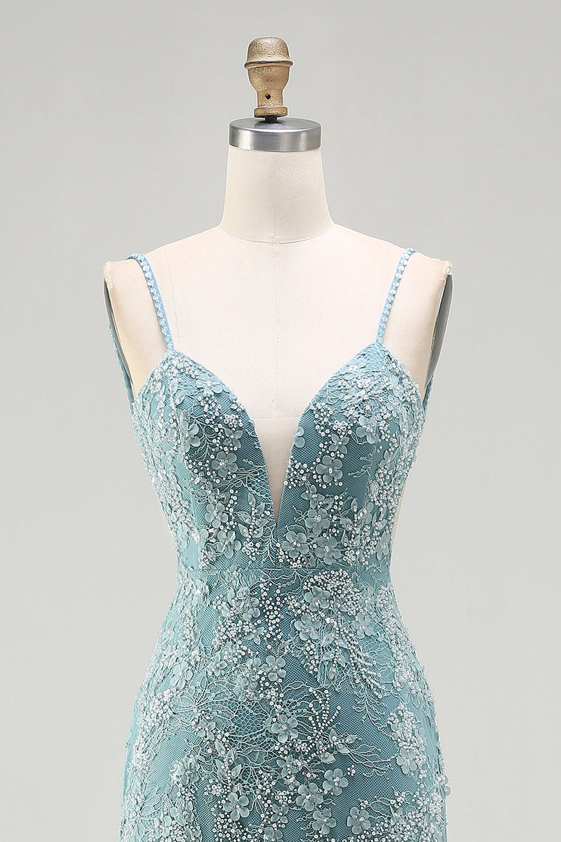 Laden Sie das Bild in den Galerie-Viewer, Graugrünes Meerjungfrauen Perlen Rückenfreies Applikationen Langes Ballkleid mit Schlitz